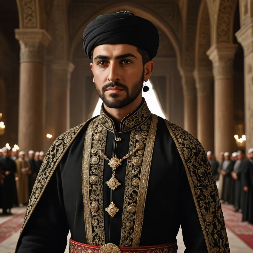 a man in a black and gold outfit in a room with people in the background wearing black and gold, hurufiyya, a character portrait, Altoon Sultan, orientalism