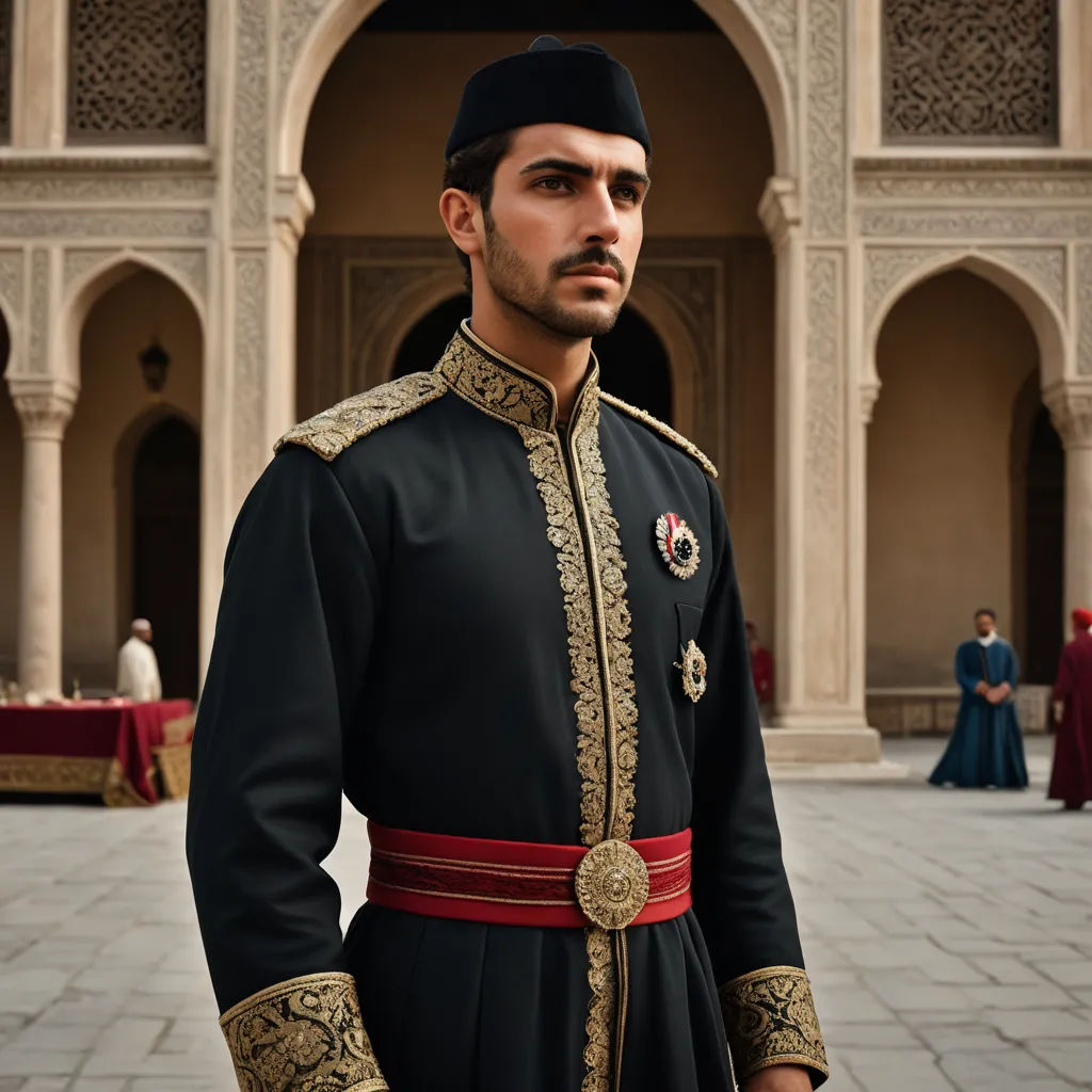 a man in a black outfit standing in front of a building with a red ribbon around his neck and a gold and black hat, qajar art, a character portrait, Altoon Sultan, regal