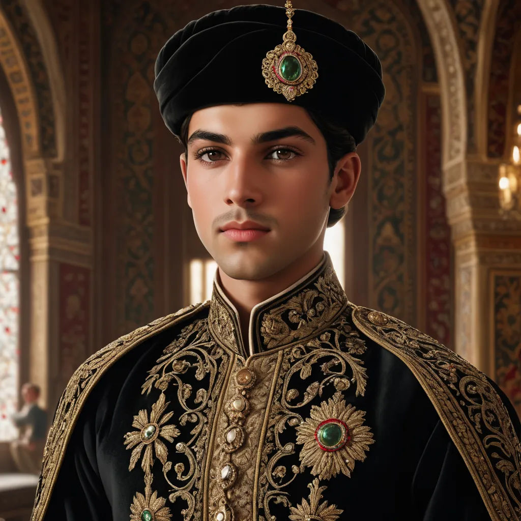 a man in a black and gold outfit in a palace setting with a chandelier and a window, qajar art, a photorealistic painting, Altoon Sultan, highly detailed digital painting