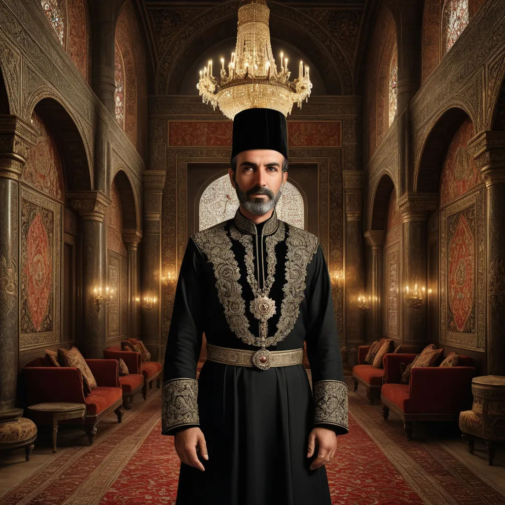 a man in a black outfit standing in a room with a chandelier above his head and a chandelier hanging from the ceiling, qajar art, a character portrait, Altoon Sultan, vfx