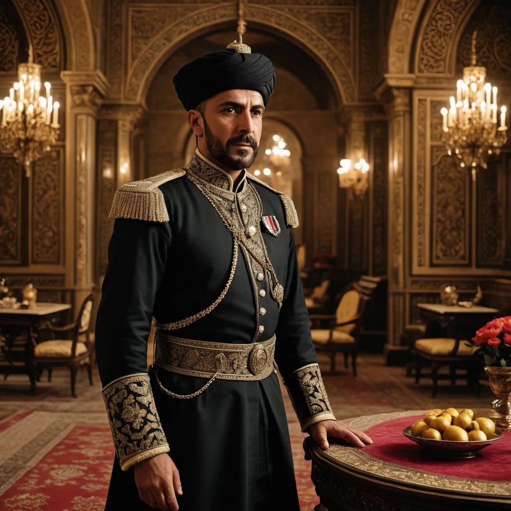 a man in a uniform standing in a room with chandeliers and a table with fruit on it, qajar art, a character portrait, Altoon Sultan, vfx
