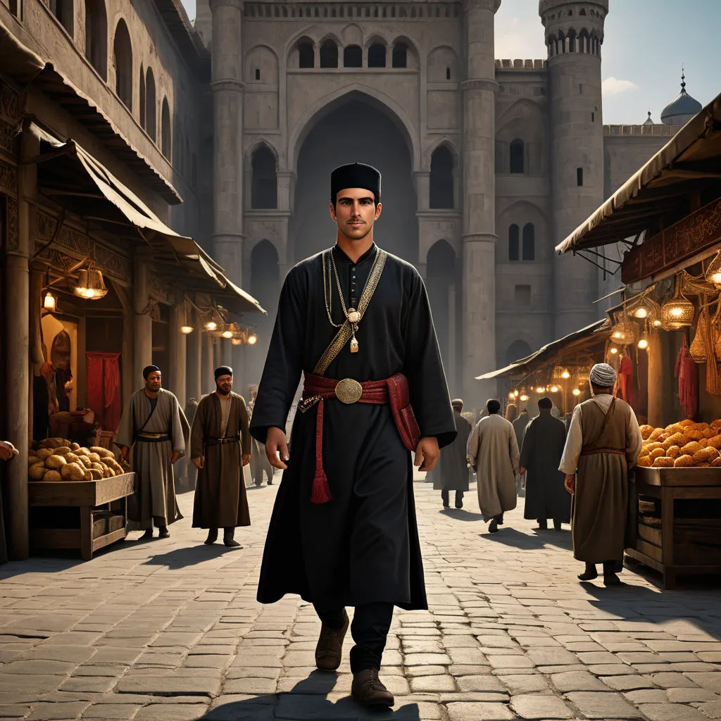 a man in a black outfit is walking down a street in front of a castle with a clock tower, hurufiyya, a detailed matte painting, Altoon Sultan, orientalism