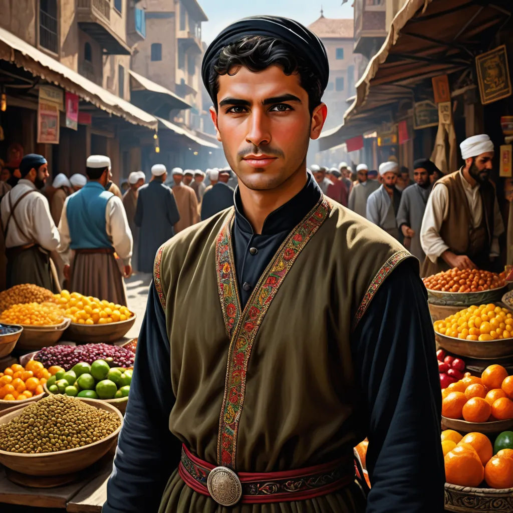 a man standing in front of a market filled with fruit and vegetables and a man in a black hat, photorealism, a photorealistic painting, Altoon Sultan, highly detailed digital painting