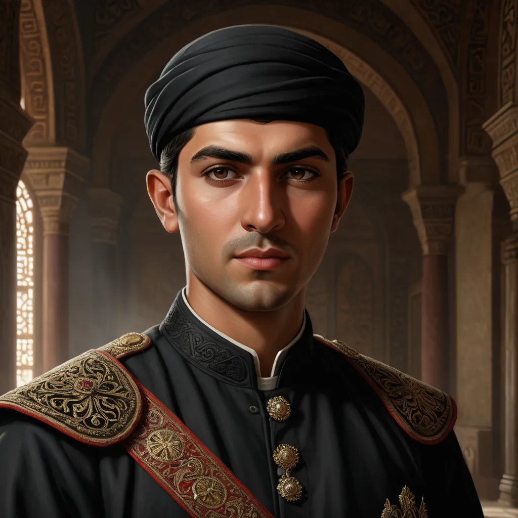 a man in a black uniform with a black turban on his head and a black turban on his head, qajar art, a character portrait, Altoon Sultan, character portrait