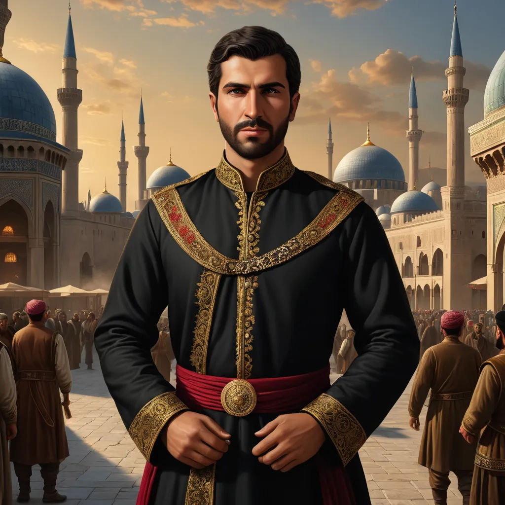 a man in a black and red outfit standing in front of a building with a lot of people around him, qajar art, a character portrait, Altoon Sultan, official art