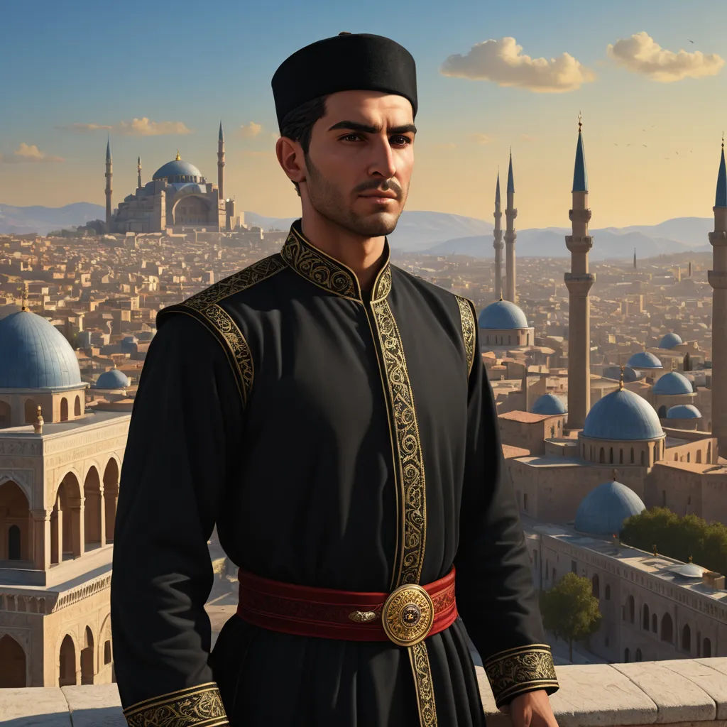 a man in a black outfit standing in front of a cityscape with a sky background and a blue sky, hurufiyya, a character portrait, Altoon Sultan, game art