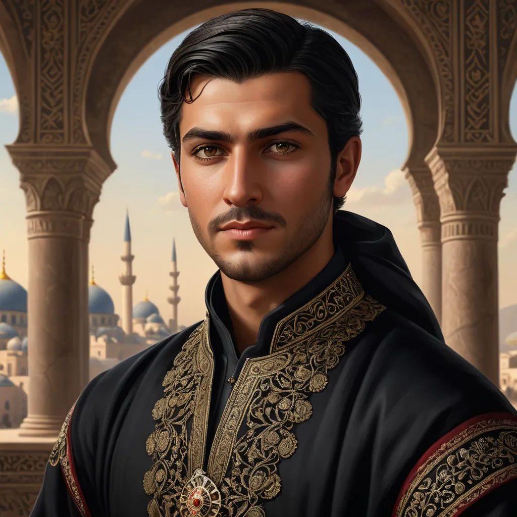 a man in a black outfit standing in front of a building with a clock tower in the background and a sky background, qajar art, a character portrait, Altoon Sultan, highly detailed digital painting