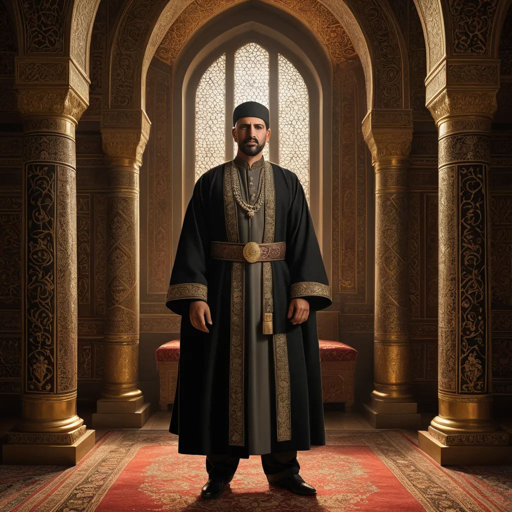 a man in a black and gold outfit standing in a room with a red carpet and a large window, hurufiyya, a character portrait, Altoon Sultan, orientalism