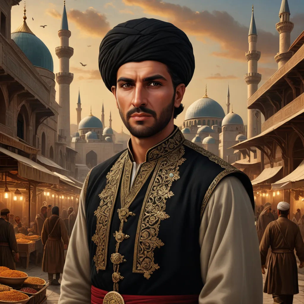 a man in a turban standing in a courtyard of a building with a lot of people in it, hurufiyya, a character portrait, Altoon Sultan, orientalism