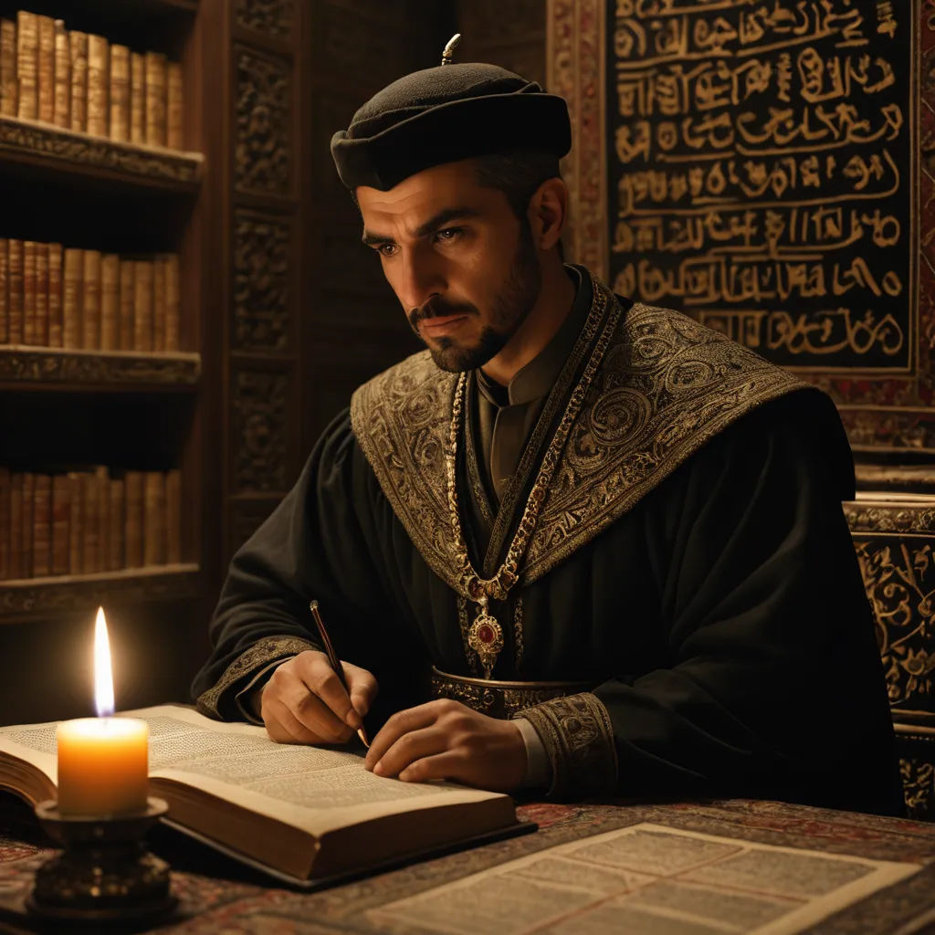 a man in a medieval costume writing in a book with a candle on a table in front of him, academic art, a detailed matte painting, Altoon Sultan, rembrandt lighting