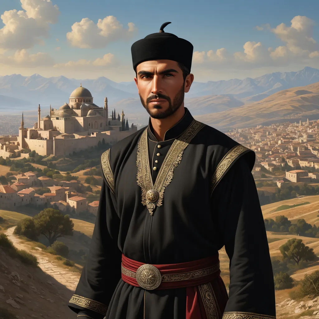 a man in a black outfit standing in front of a cityscape with mountains in the background and clouds in the sky, photorealism, a detailed matte painting, Altoon Sultan, orientalism