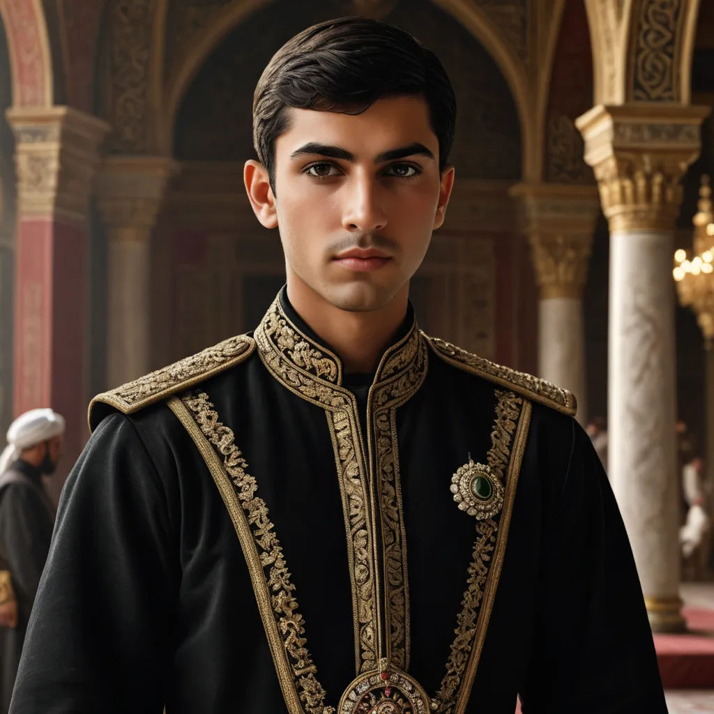 a man in a black and gold outfit in a palace setting with columns and pillars in the background, wearing a crown, qajar art, a character portrait, Altoon Sultan, photoreal
