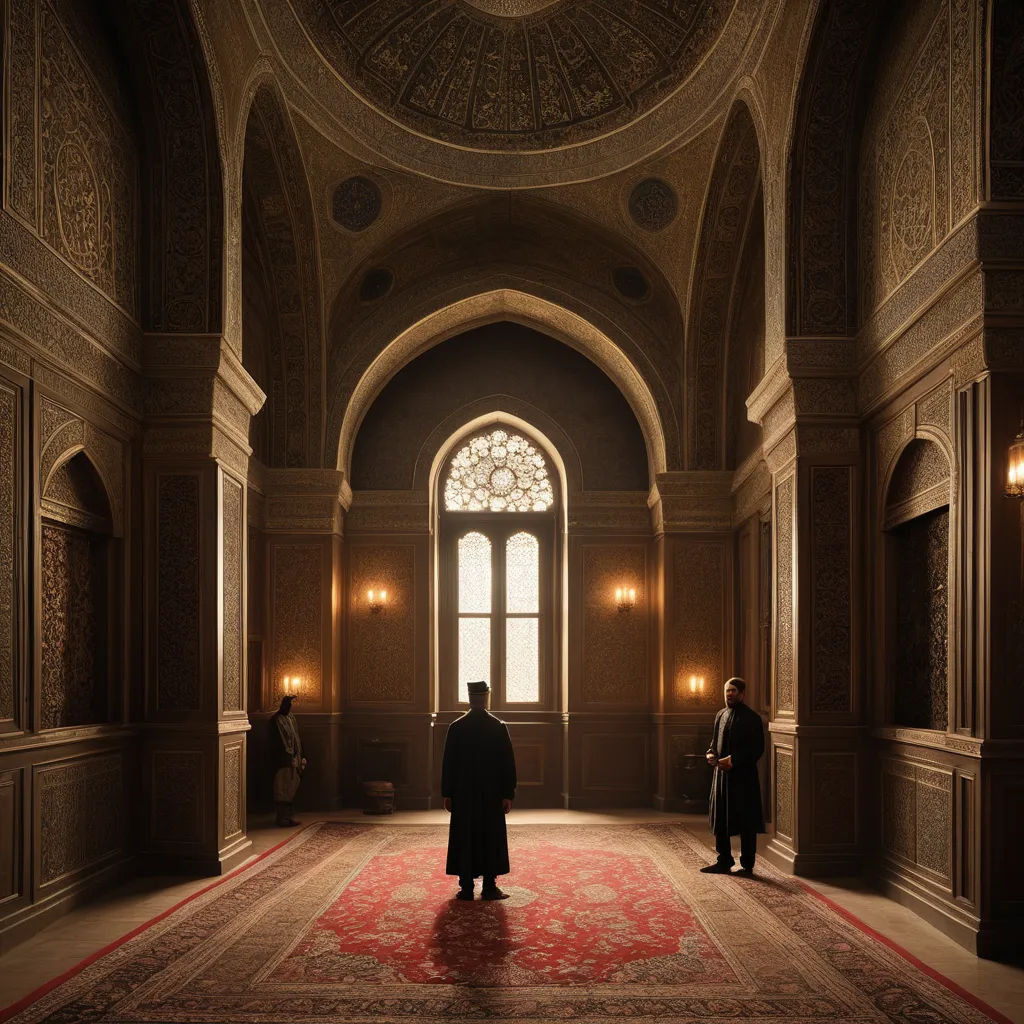 two men standing in a large hall with a red carpet and a large window in the center of the room, qajar art, a detailed matte painting, Altoon Sultan, vfx