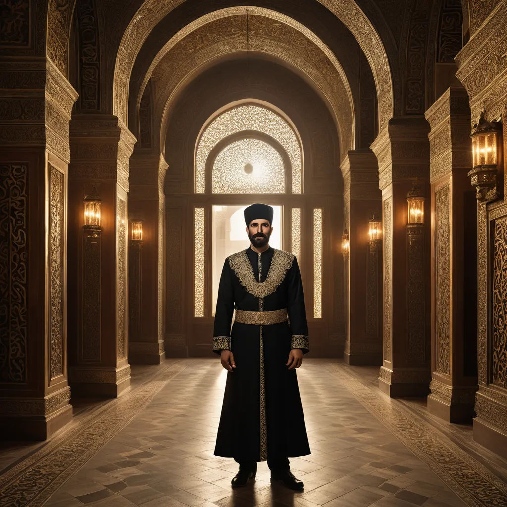 a man in a black outfit standing in a hallway with a light on the ceiling and a large archway, qajar art, poster art, Altoon Sultan, promotional image