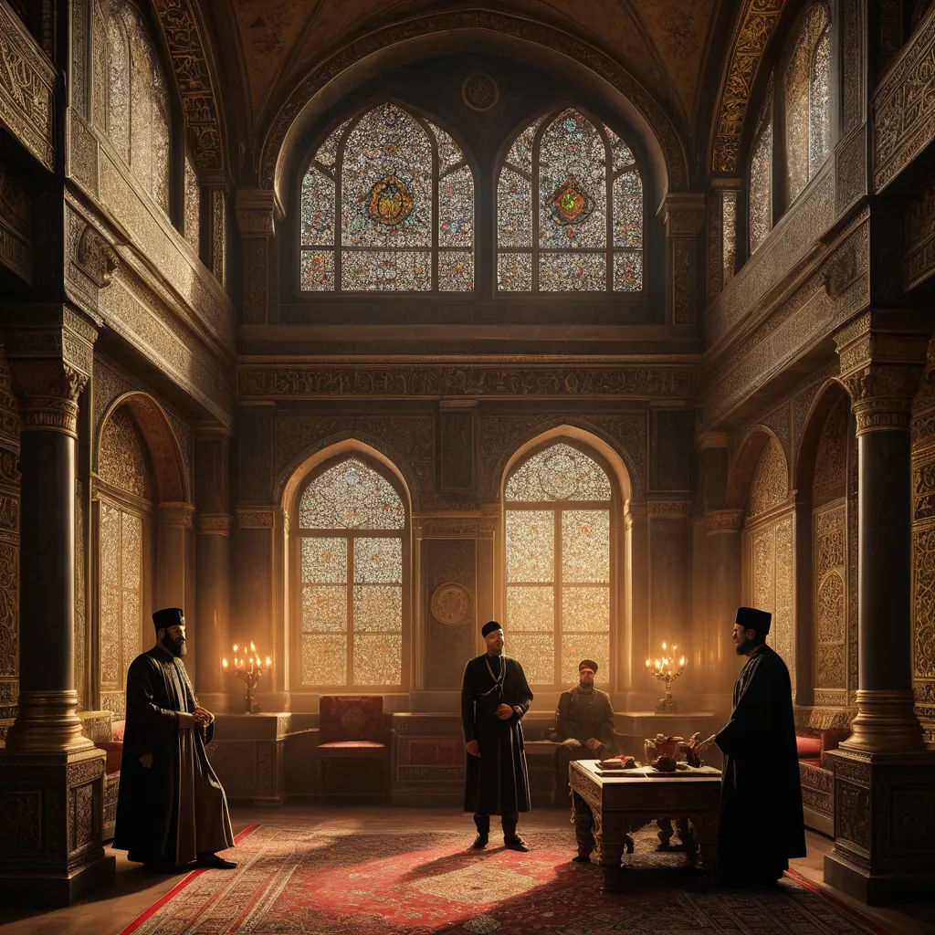 a group of people standing in a room with stained glass windows and a rug on the floor and a rug on the floor, qajar art, a detailed matte painting, Altoon Sultan, unreal engine render