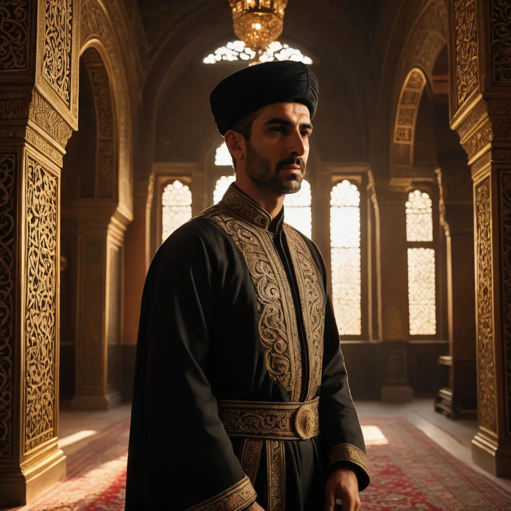 a man in a black outfit standing in a room with a chandelier and a carpet on the floor, qajar art, a character portrait, Altoon Sultan, orientalism