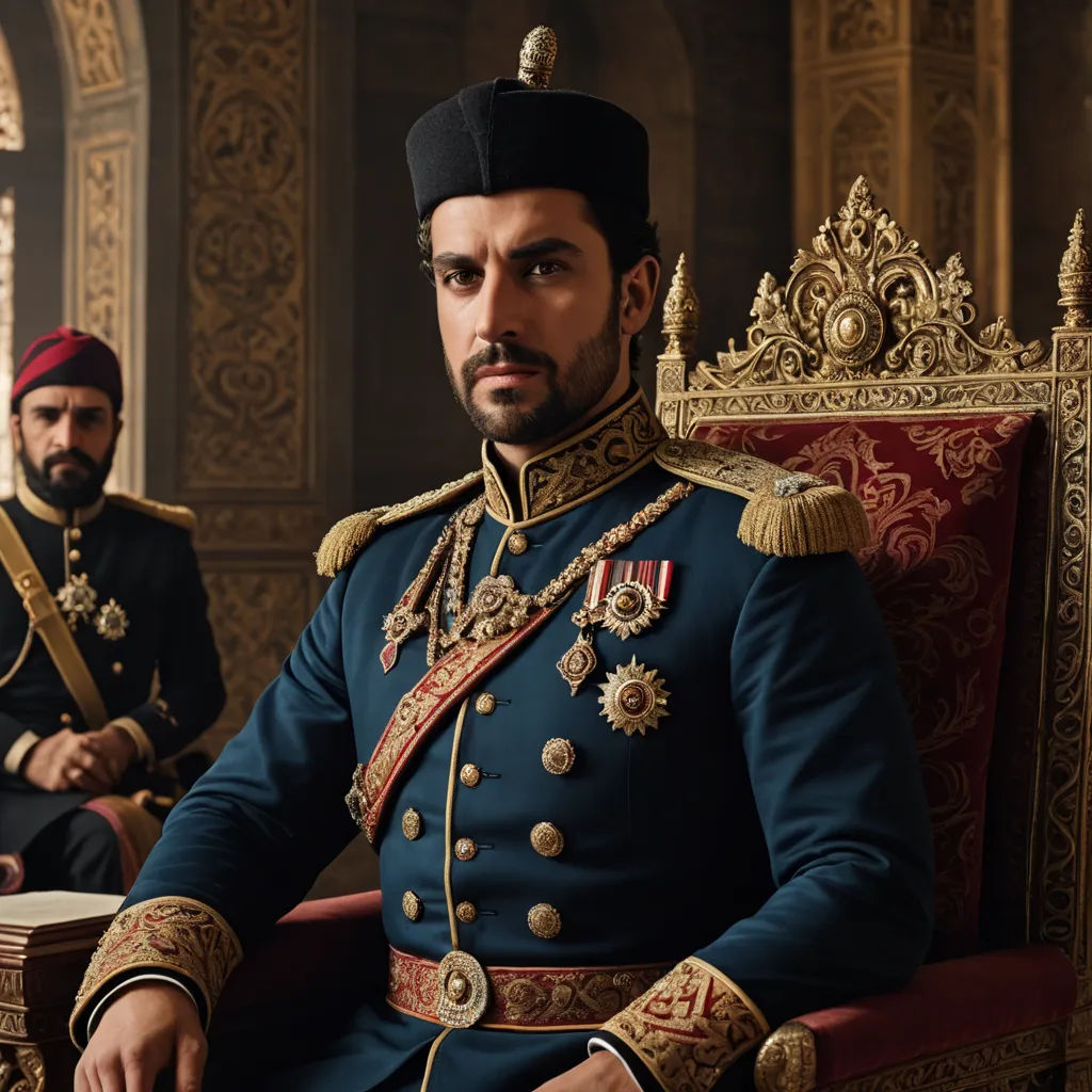 a man in a uniform sitting in a chair next to another man in a suit and tie in a room, qajar art, a character portrait, Altoon Sultan, promotional image