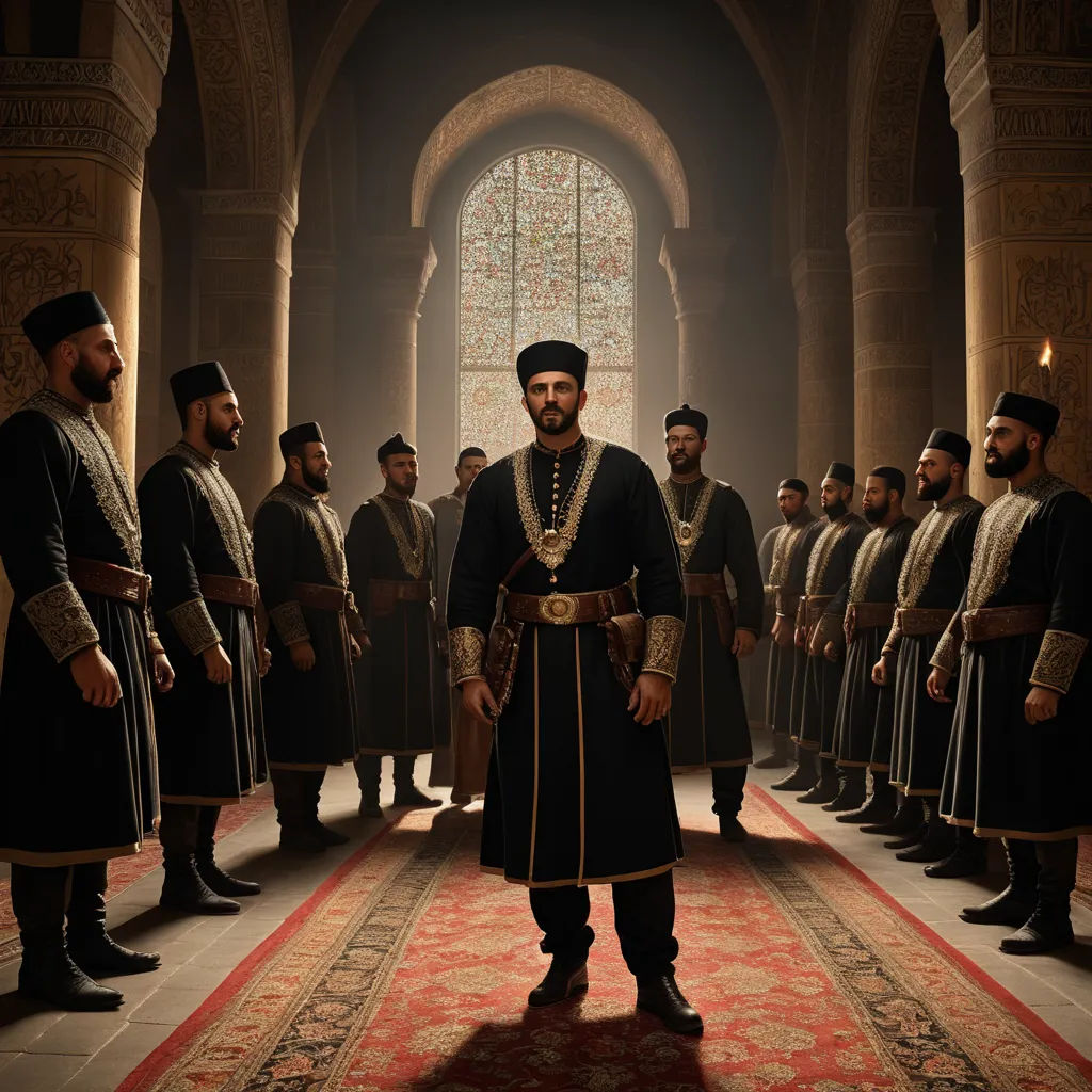 a man in a black outfit standing in front of a group of men in black and gold outfits in a hallway, hurufiyya, a detailed matte painting, Altoon Sultan, vfx