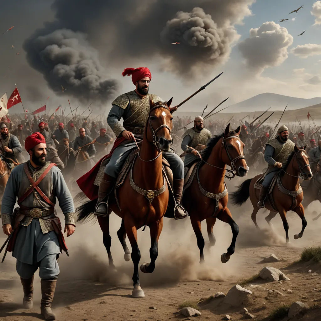a painting of a group of men on horses with a flag on their back and a man on a horse behind them, qajar art, a detailed painting, Fikret Muallâ Saygı, highly detailed digital painting