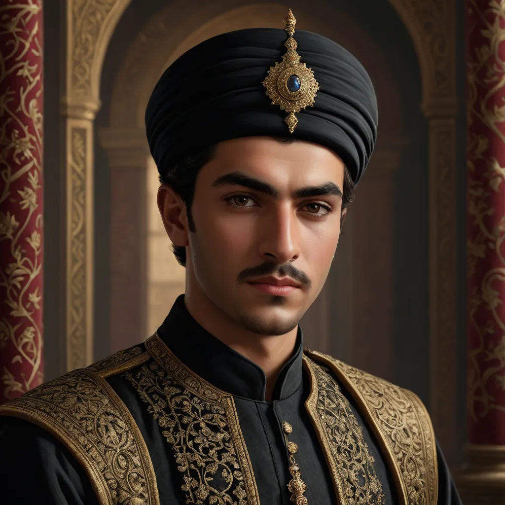 a man in a turban and a black suit with gold accents on his head and shoulders, standing in a room with red curtains, qajar art, a character portrait, Altoon Sultan, unreal engine highly rendered