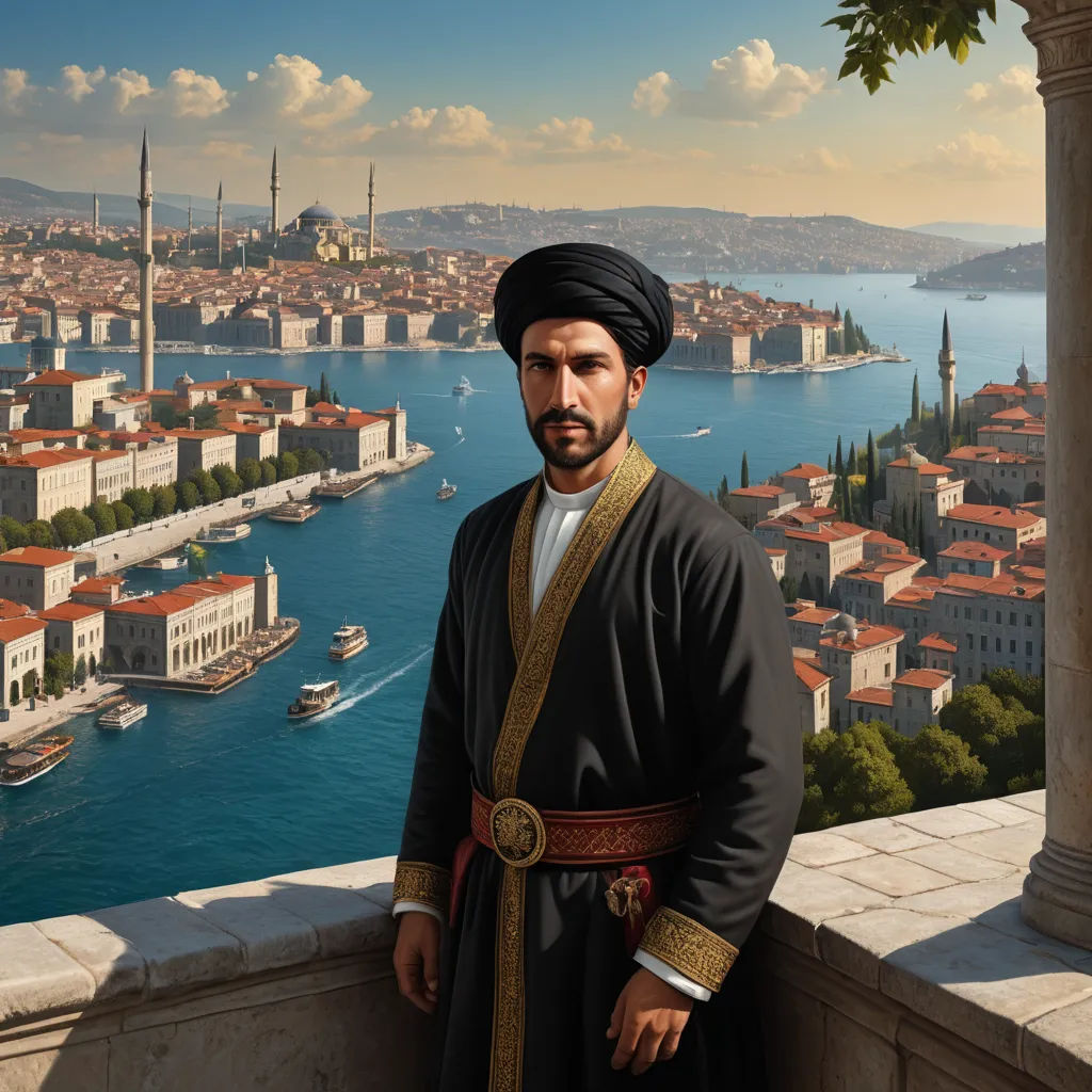 a man in a turban standing on a balcony overlooking a city and a river with boats in it, hurufiyya, a character portrait, Altoon Sultan, official art