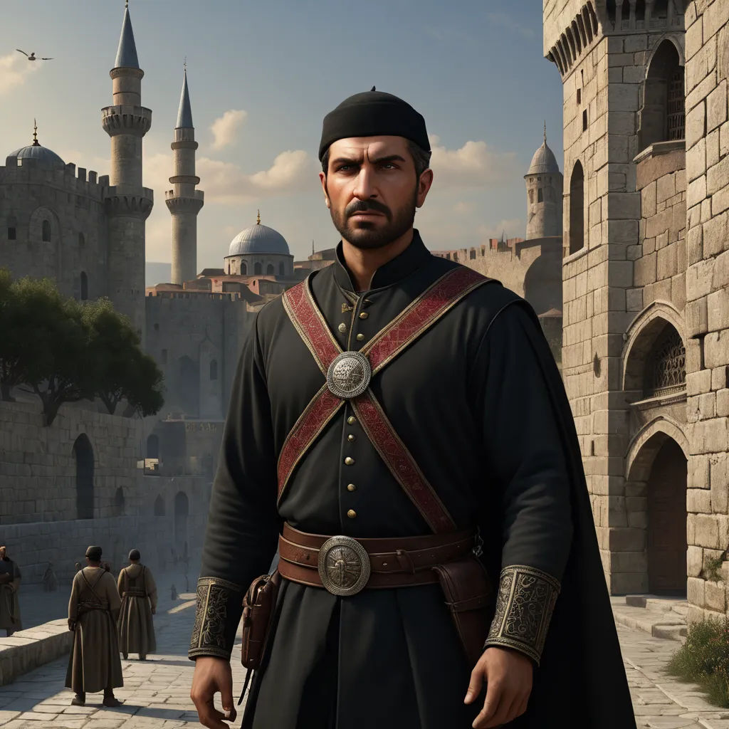 a man in a black outfit standing in front of a castle with a sword in his hand and a man in a black outfit standing in front of him, hurufiyya, computer graphics, Altoon Sultan, unreal engine highly rendered