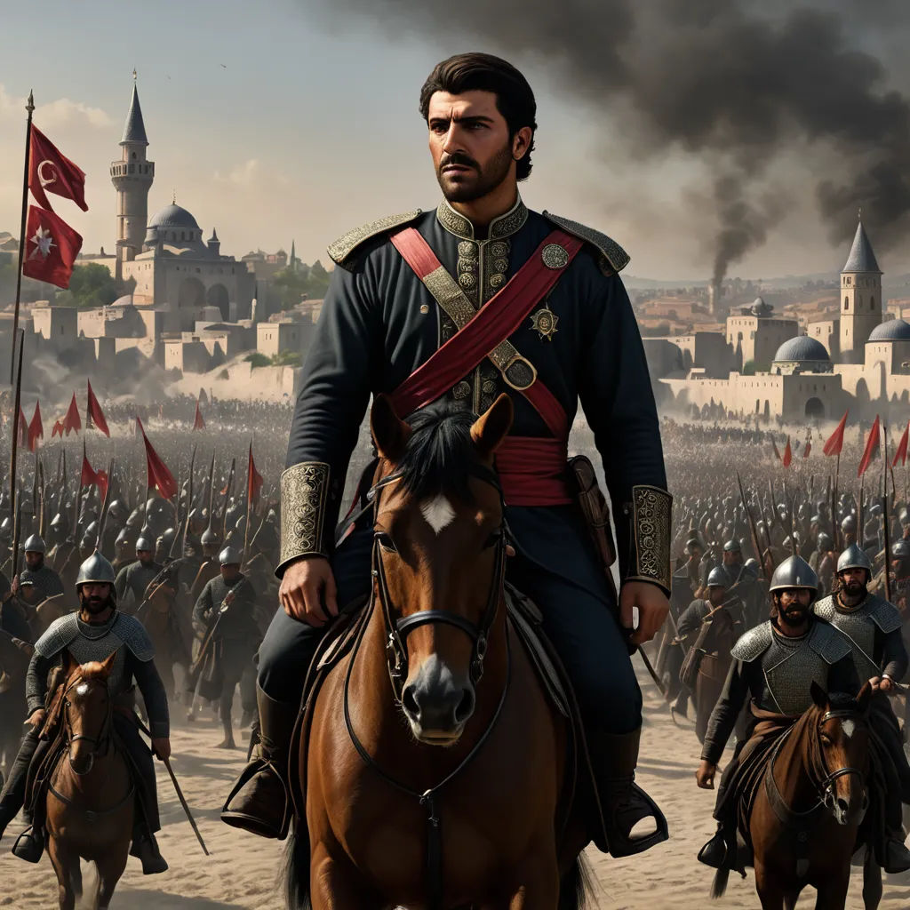 a man riding on the back of a brown horse next to a group of men in uniform on horseback, qajar art, a detailed matte painting, Altoon Sultan, official art