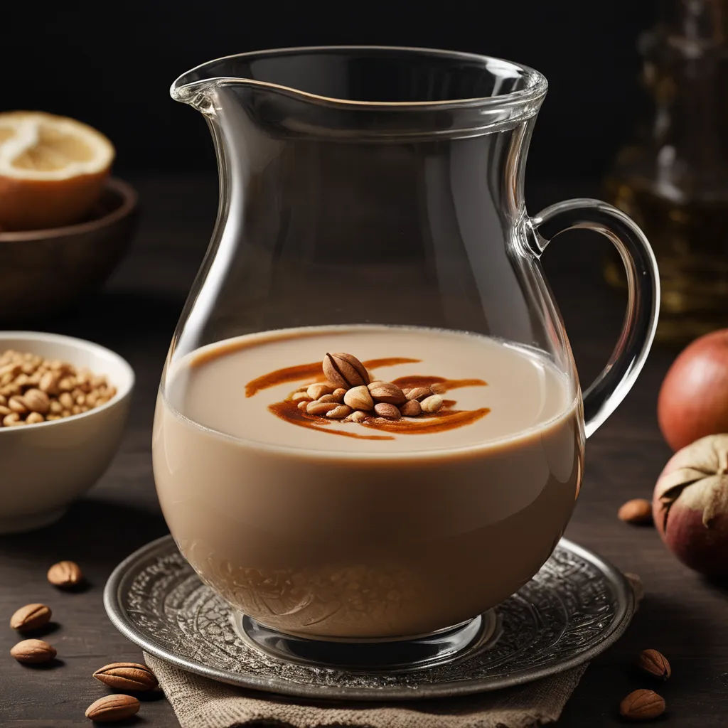 a pitcher of milk with nuts and a bowl of nuts in the background on a table with other food, verdadism, a stock photo, Bouchta El Hayani, professional food photography