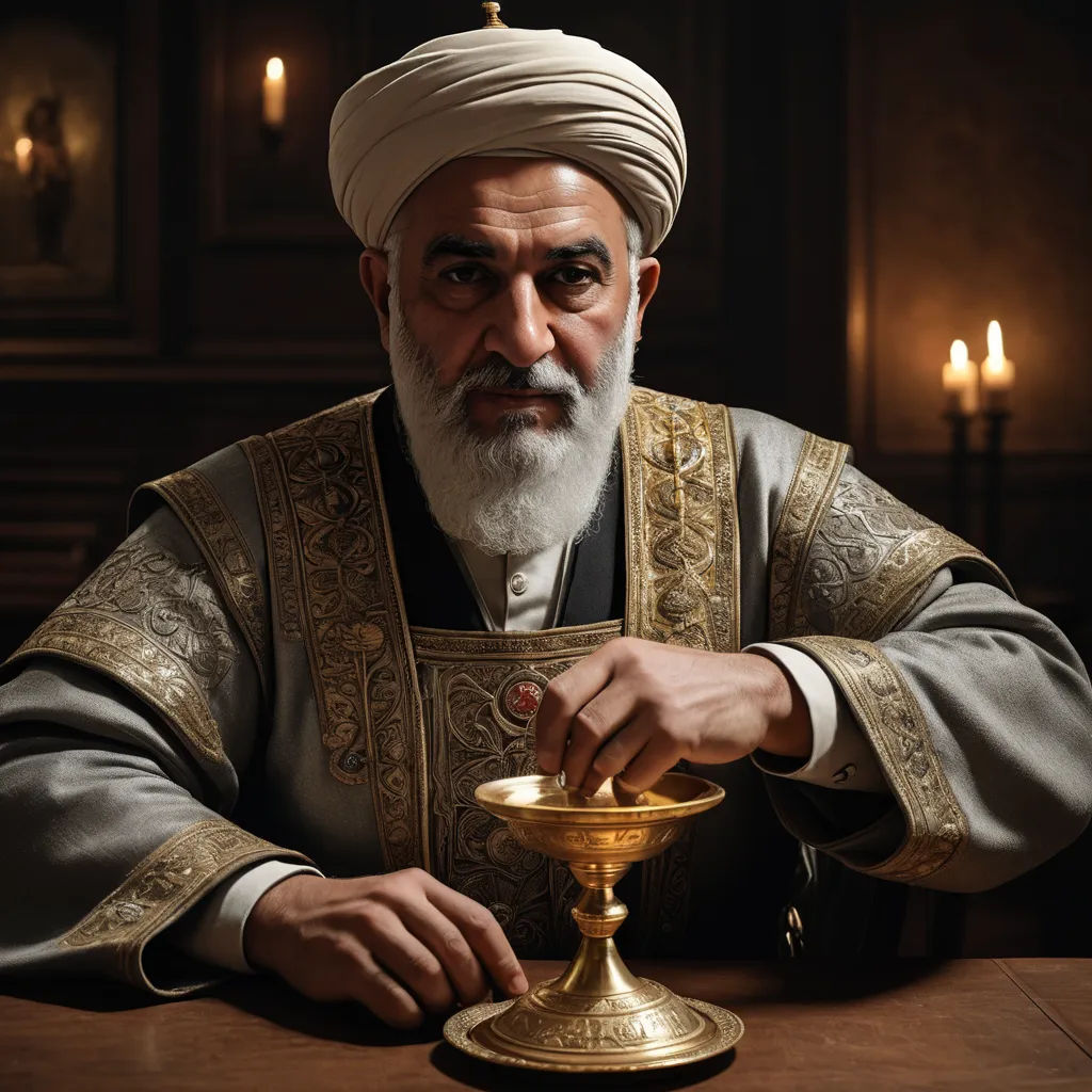 a man in a turban is holding a golden cup and a candle in front of him on a table, qajar art, a character portrait, Ahmed Karahisari, promotional image