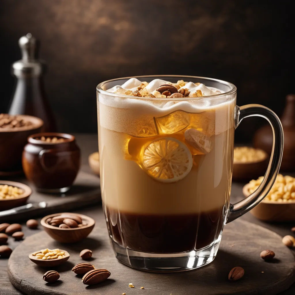 a glass of coffee with a lemon slice on top of it and nuts around it on a table with a bottle of coffee, art photography, a stock photo, Boleslaw Cybis, product photography