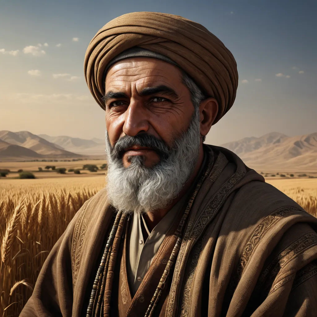 a man with a beard and a turban standing in a wheat field with mountains in the background, hurufiyya, computer graphics, Ahmed Karahisari, ultra realistic faces