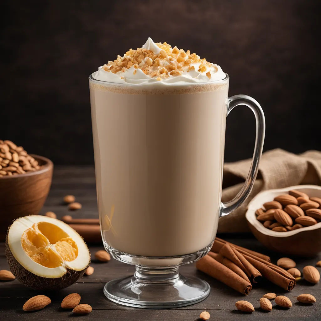 a cup of coffee with whipped cream and nuts on a table next to a bowl of nuts and a spoon, panfuturism, a stock photo, Evelyn Cheston, professional food photography