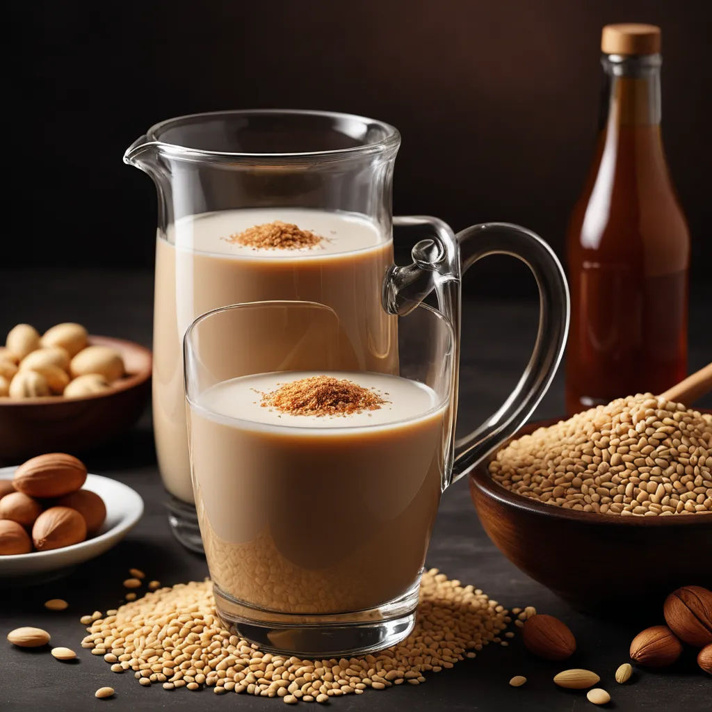 a pitcher of milk and a bowl of nuts and a bottle of almonds on a table with a dark background, hurufiyya, a stock photo, An Zhengwen, professional food photography