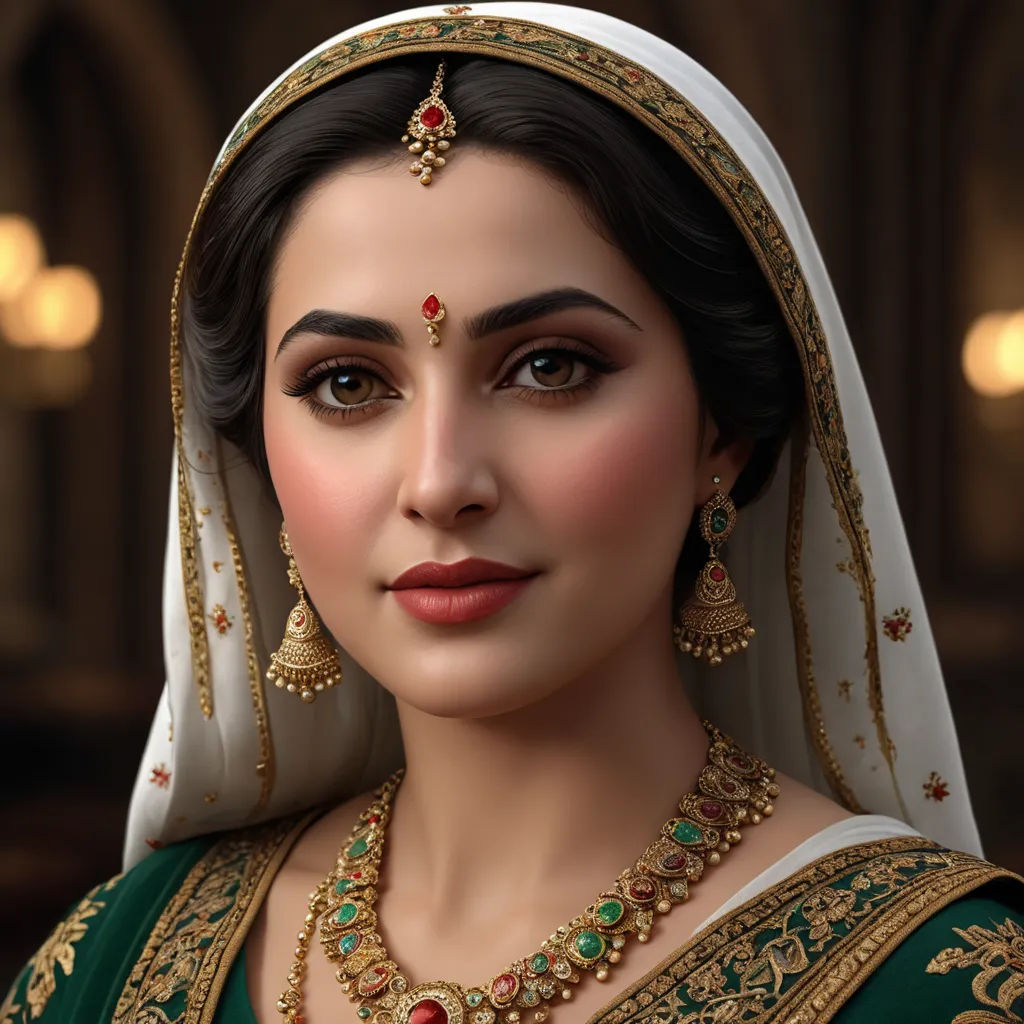 a woman in a green and gold outfit with a veil on her head and a necklace on her neck, qajar art, a photorealistic painting, Altoon Sultan, ultra realistic digital art