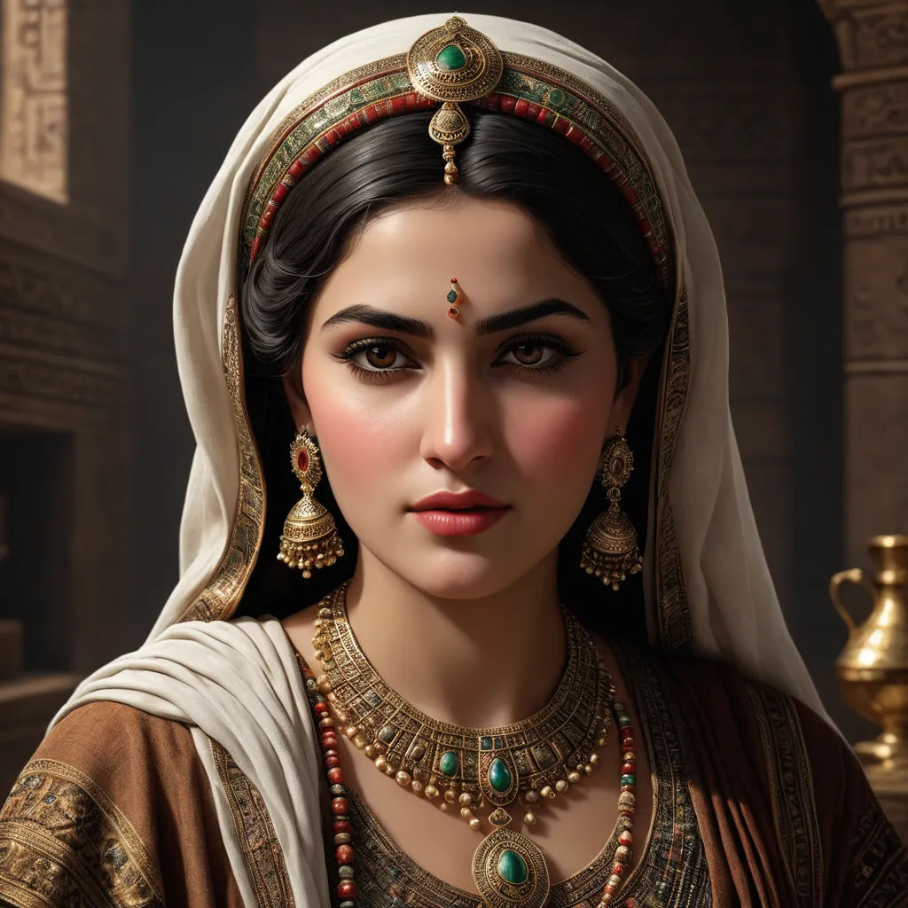 a woman in a traditional indian costume with jewelry on her head and a vase in the background, digital painting, qajar art, a photorealistic painting, Altoon Sultan, highly detailed digital painting