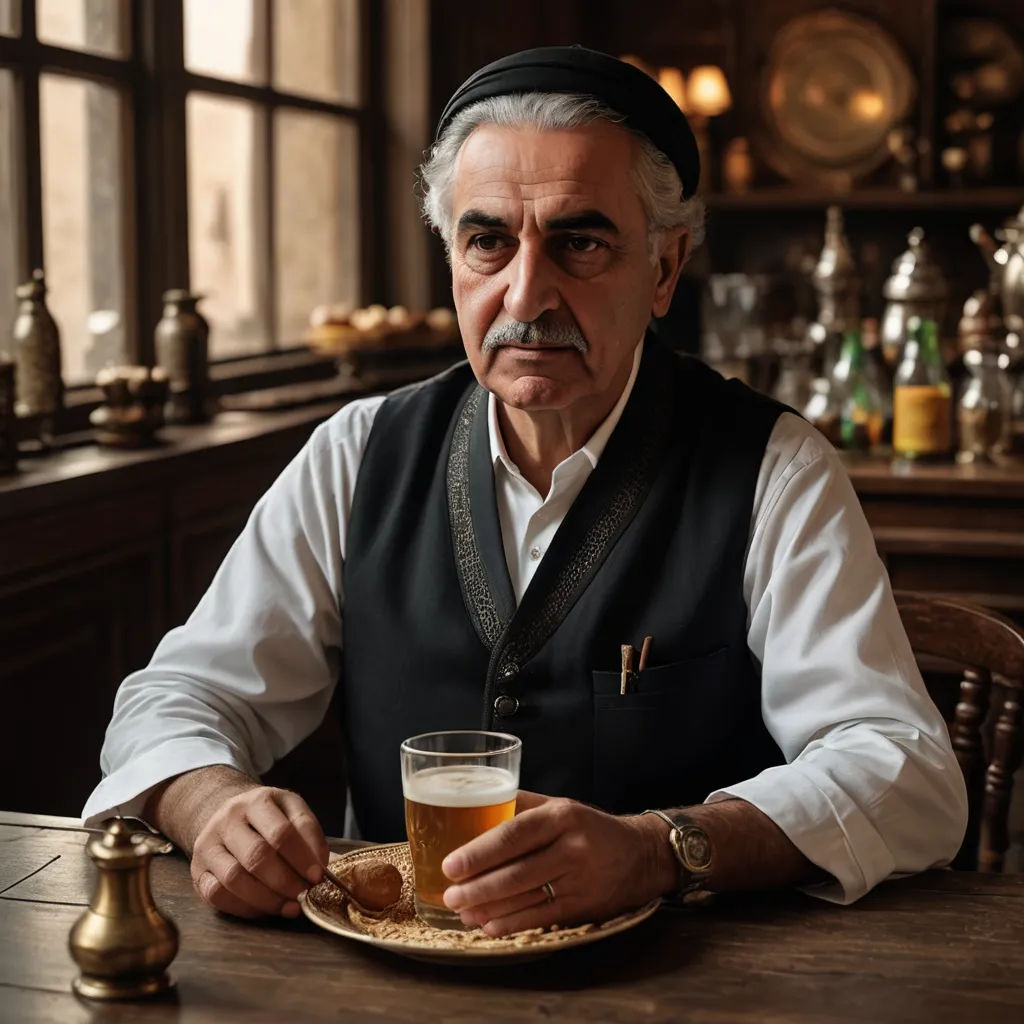 a man sitting at a table with a plate of food and a glass of beer in front of him, dau-al-set, a character portrait, Fikret Muallâ Saygı, cinematic photography