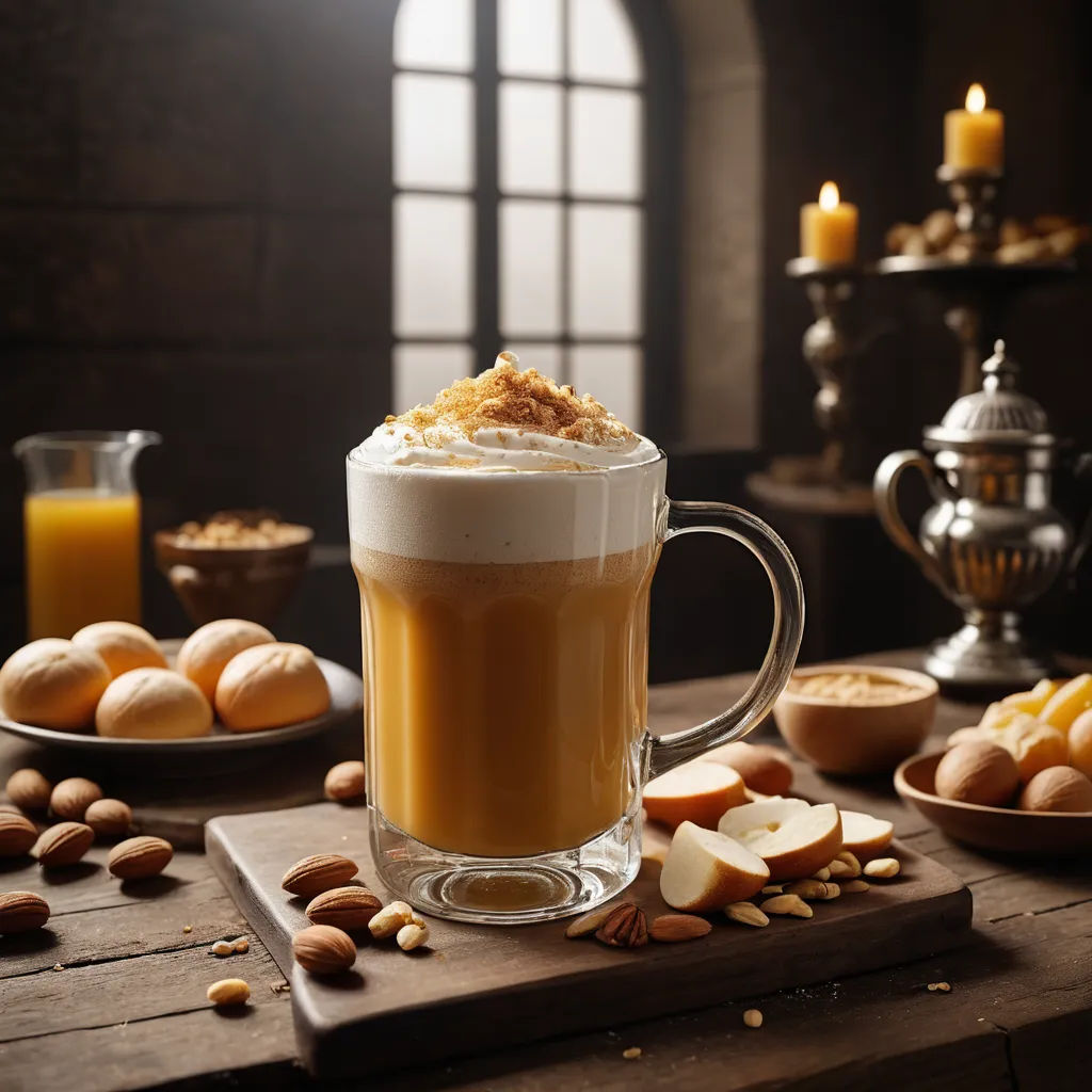 a cup of coffee with a whipped cream topping on a table with nuts and other food items around it, art photography, a 3D render, Clara Peeters, food photography