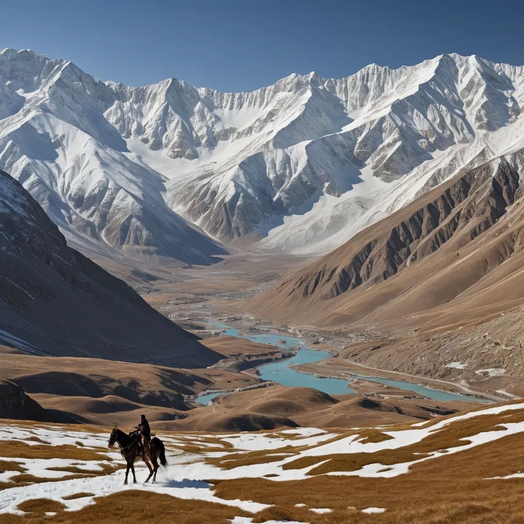 a man riding a horse in a mountainous area with a river running through it and snow covered mountains in the background, regionalism, a detailed matte painting, Amir Zand, award-winning photograph