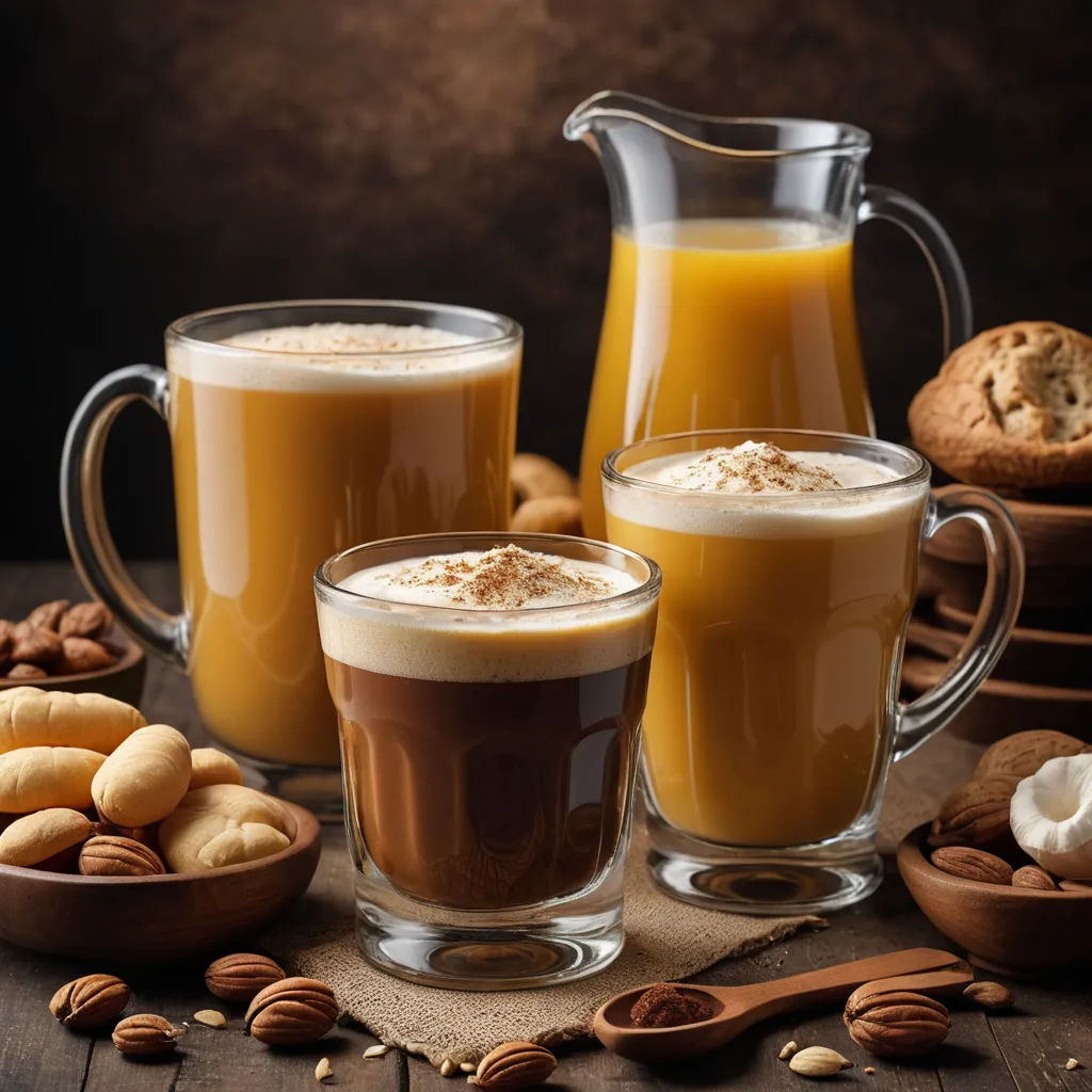 a table topped with two glasses of coffee and a pitcher of milk and nuts next to it and a bowl of cookies, art photography, a stock photo, Art Brenner, professional food photography