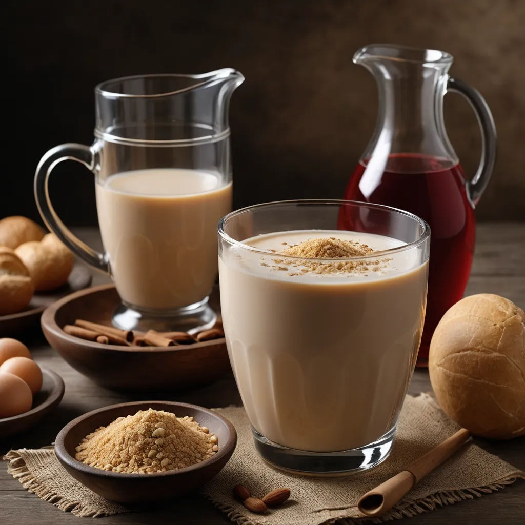 a table topped with two glasses of coffee and a pitcher of milk next to bread and other food items, dau-al-set, a stock photo, Cui Bai, product photography