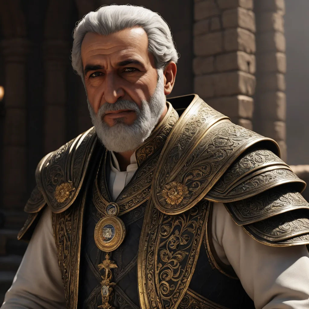 a man in a medieval outfit with a beard and a beard mustache, standing in front of a stone building, antipodeans, computer graphics, Ahmed Karahisari, unreal engine highly rendered