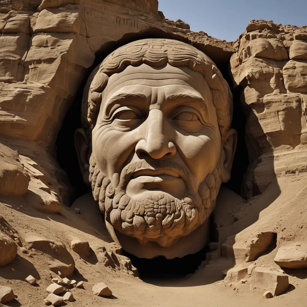 a large statue of a man in a cave in the desert with a beard and mustache on his face, concrete art, a marble sculpture, Amir Zand, highly detailed face