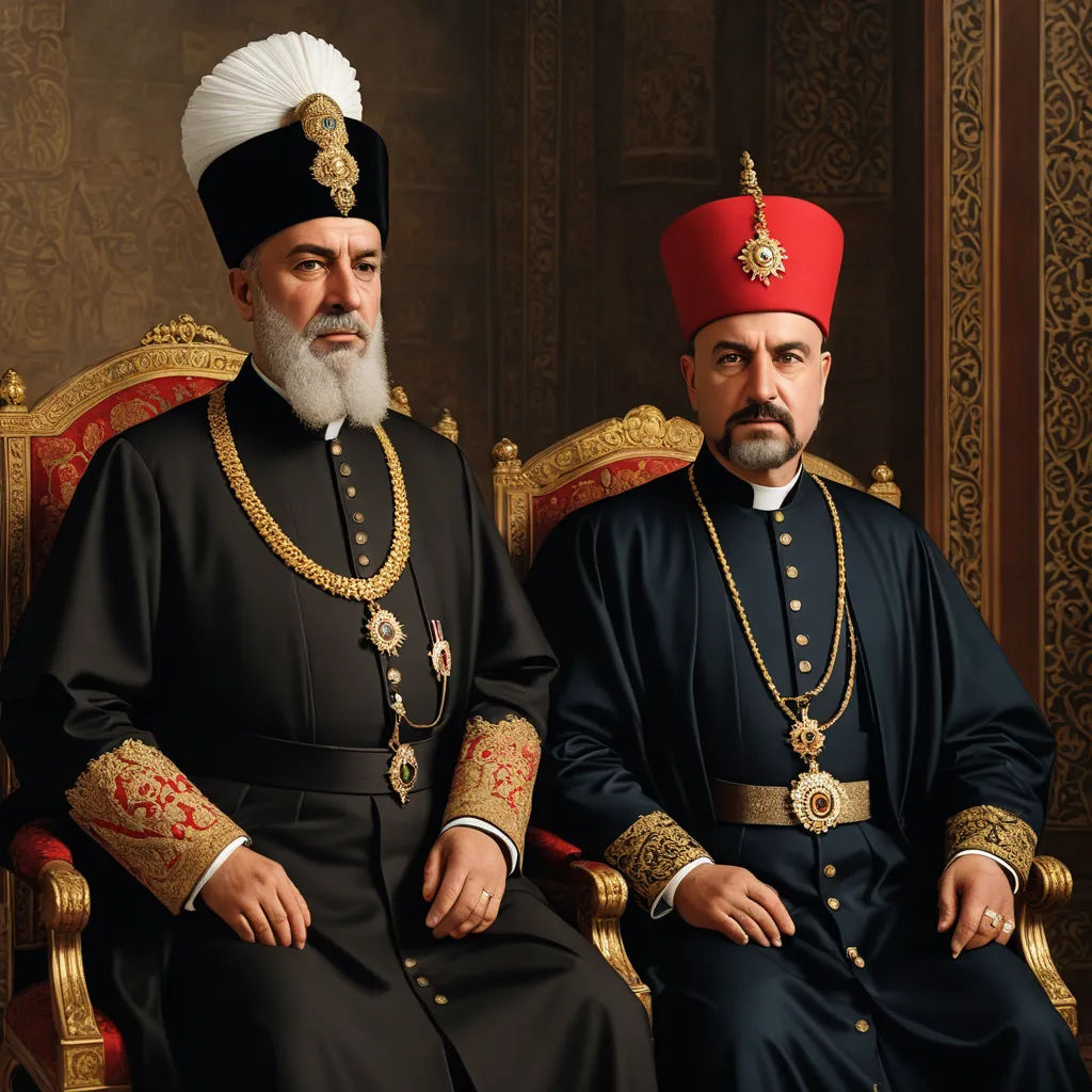 two men in black and gold outfits sitting next to each other on a chair in a room with gold trimmings, qajar art, a detailed painting, Ahmed Karahisari, extremely detailed oil painting