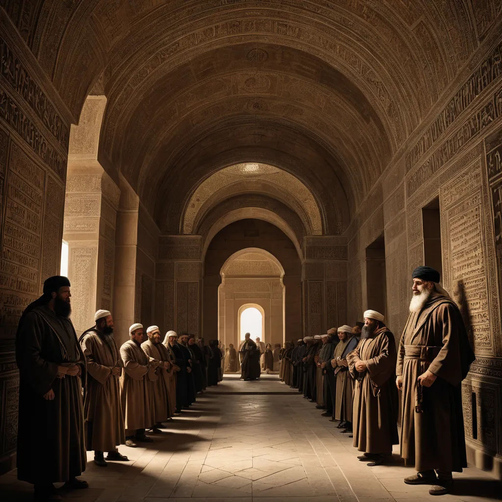 a group of men standing in a hallway next to each other in robes and hats, all looking at each other, hurufiyya, a detailed matte painting, Amir Zand, cinematic photography