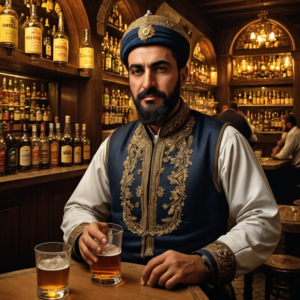 a man in a blue vest and a beard sitting at a table with a glass of beer in front of him, qajar art, a character portrait, Altoon Sultan, orientalism