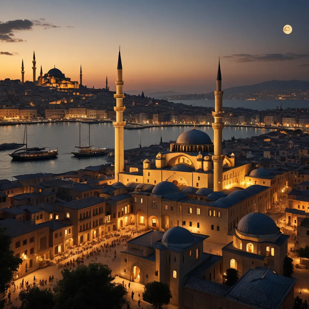 a large building with a lot of lights on it's sides and a moon in the sky above it, hurufiyya, a detailed matte painting, Altoon Sultan, at night