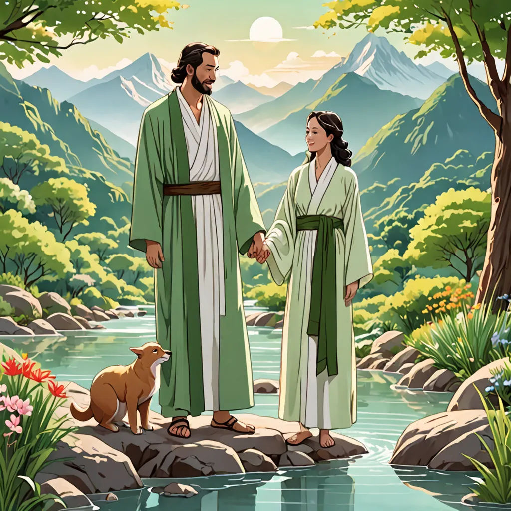 a painting of jesus and a woman holding hands by a river with a dog on the side of the river, naive art, a storybook illustration, Colin Middleton, official art
