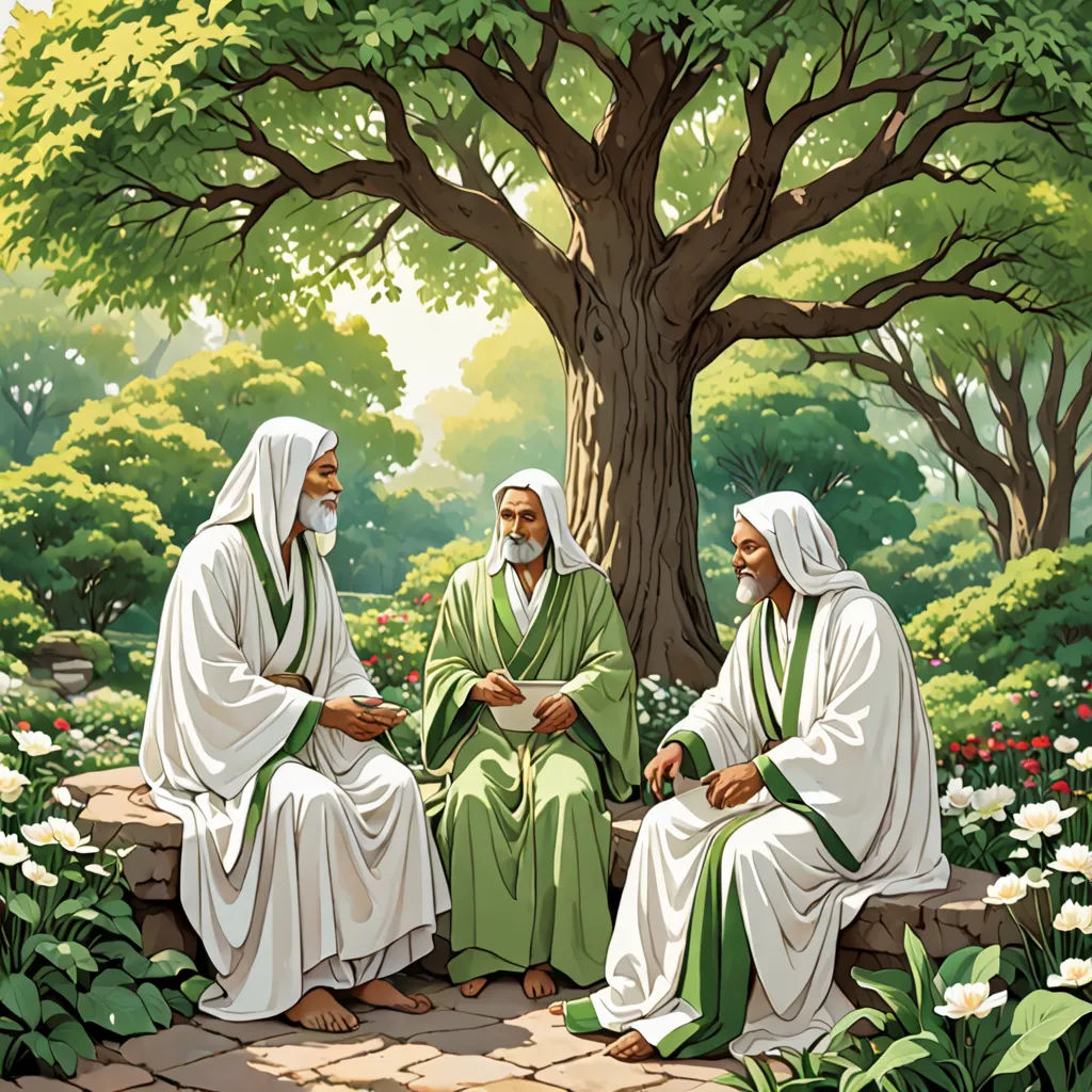 a painting of three men sitting on a stone bench in a park with a tree in the background and flowers in the foreground, les nabis, a storybook illustration, Brothers Hildebrandt, official art