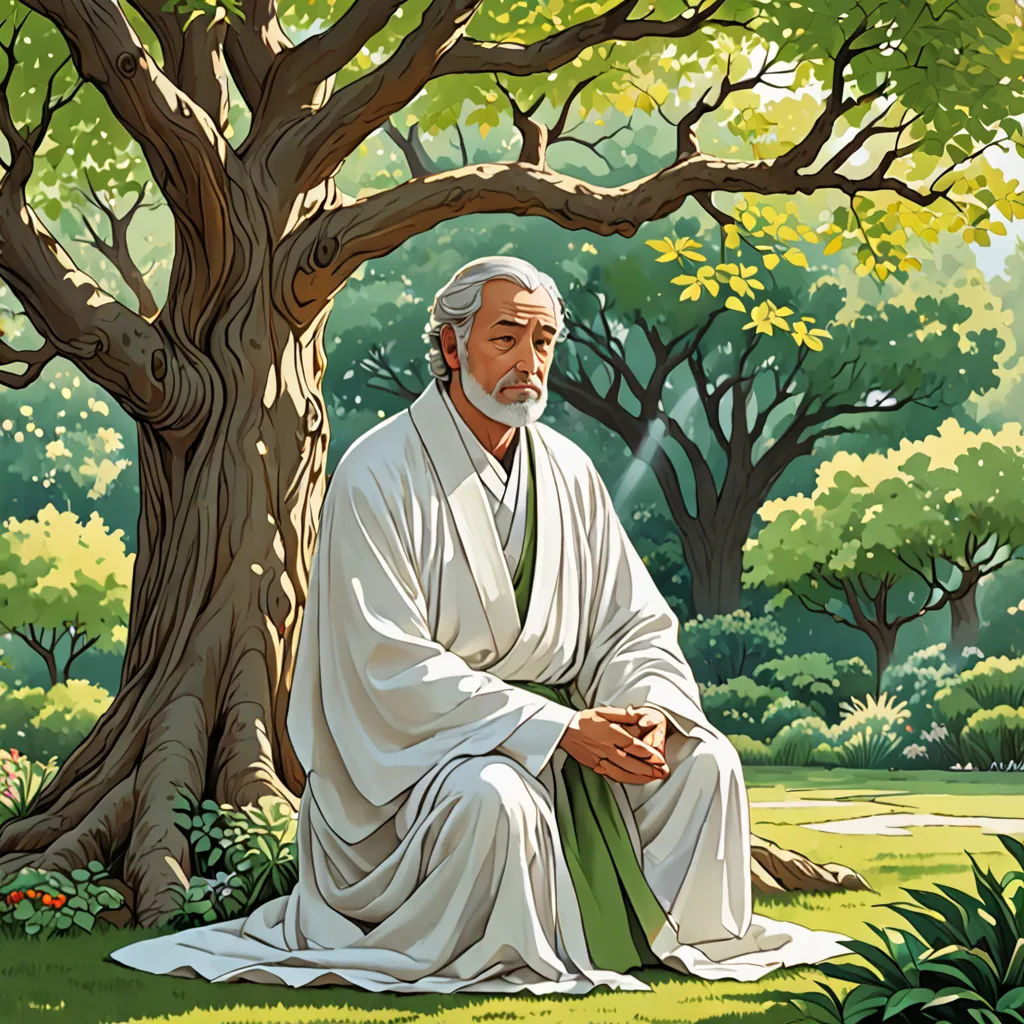 a painting of a man sitting under a tree in a park with a green scarf on his lap and a white robe on his chest, figurative art, a storybook illustration, Emperor Huizong of Song, official art