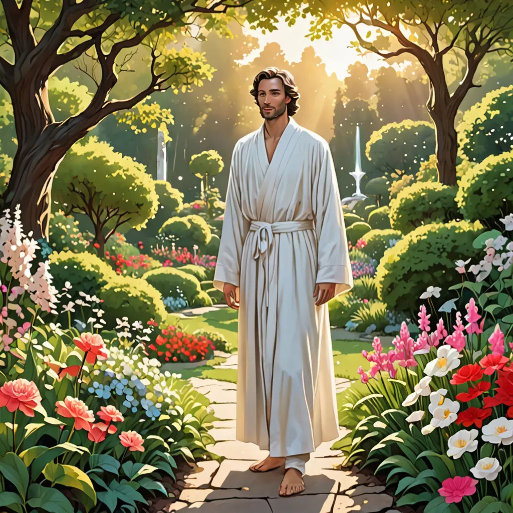 a painting of jesus standing in a garden with flowers and trees in the background and a path leading to the center, american romanticism, a storybook illustration, F. Scott Hess, kinkade
